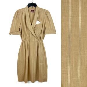 Vintage 80s Fashion Jordache Shirtdress Neutral Pinstriped Elastic Waist Dress